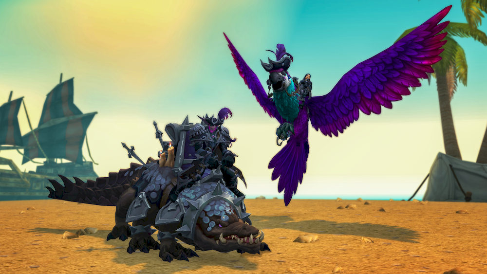 A beach scene with a ship in the background, and two mounts: a flying purple parrot with a black buccaneer